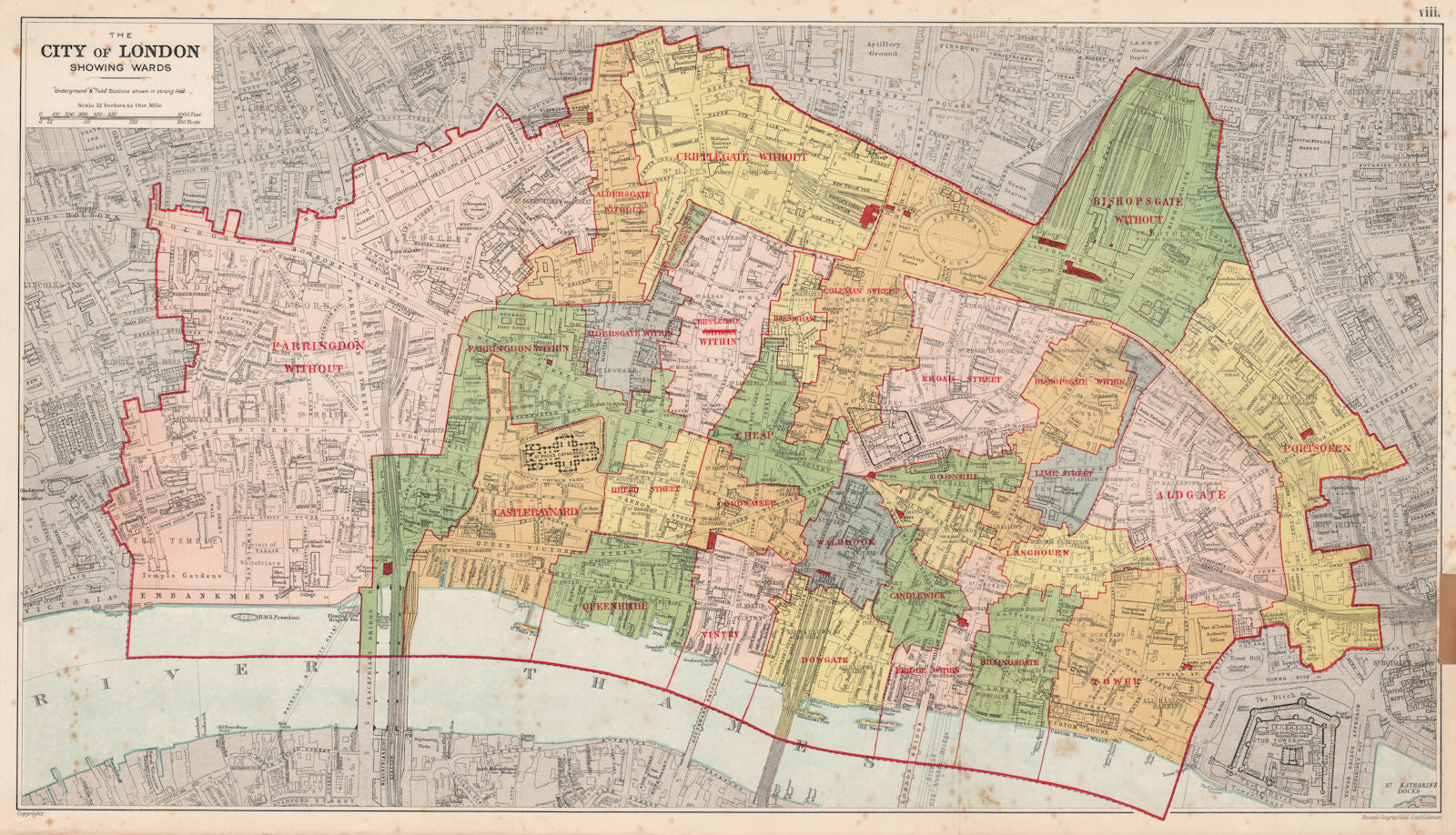 CITY OF LONDON showing WARDS. Churches & public buildings plans. BACON 1927 map